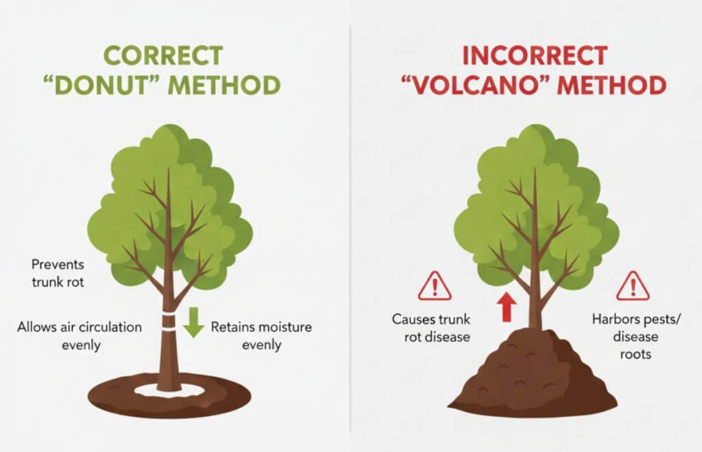 howing the correct donut mulch method vs the incorrect volcano method