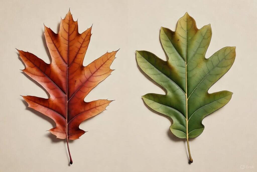 pointed Red Oak leaf versus a rounded White Oak leaf