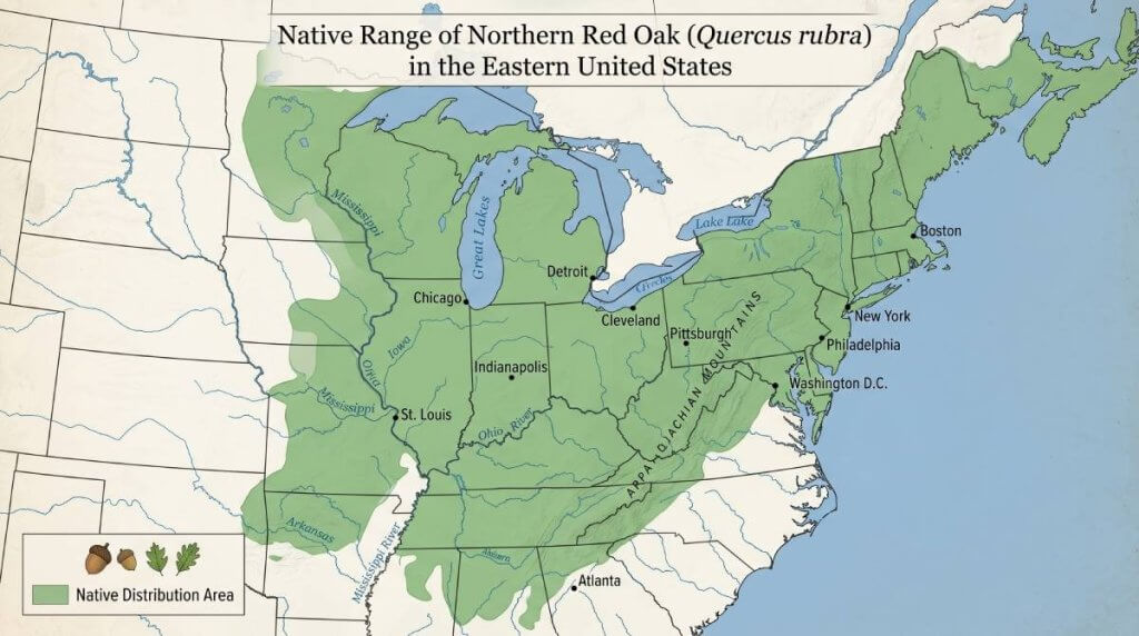 Northern red oak Quercus rubra native range map eastern US