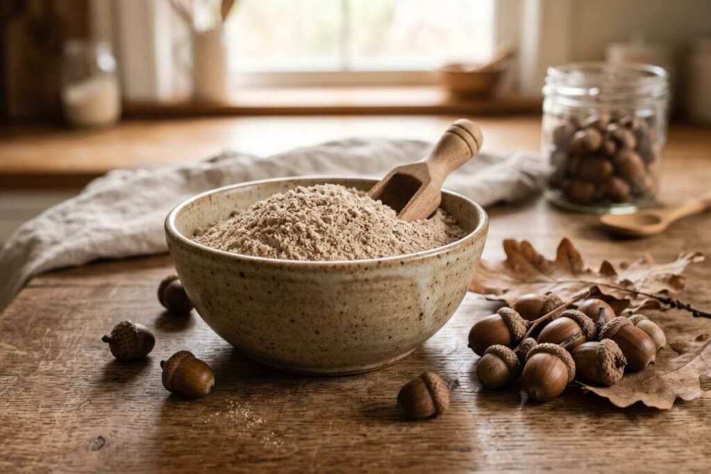acorn flour bowl natural food preparation
