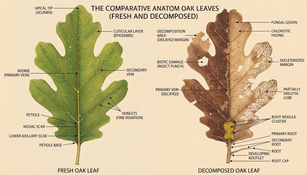 Fresh oak leaf pH 4.5 vs decomposed oak leaf pH approaching neutral