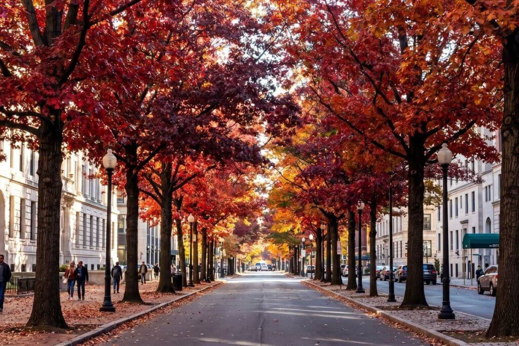 Shumard oak street tree fall foliage urban planting