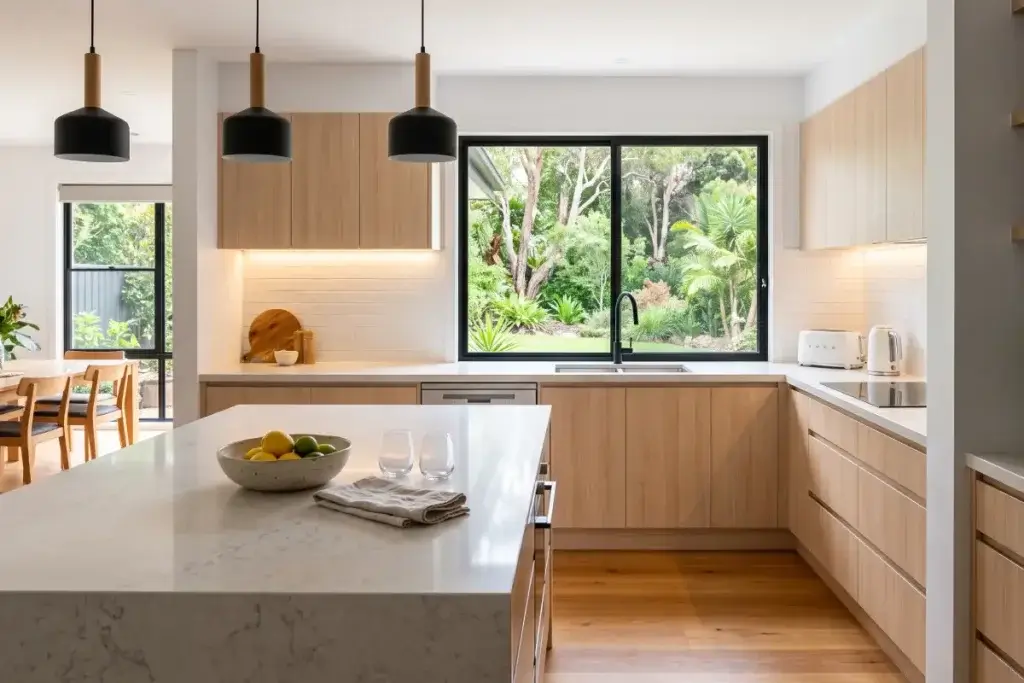 Australian open-plan kitchen with island bench and pale timber cabinets