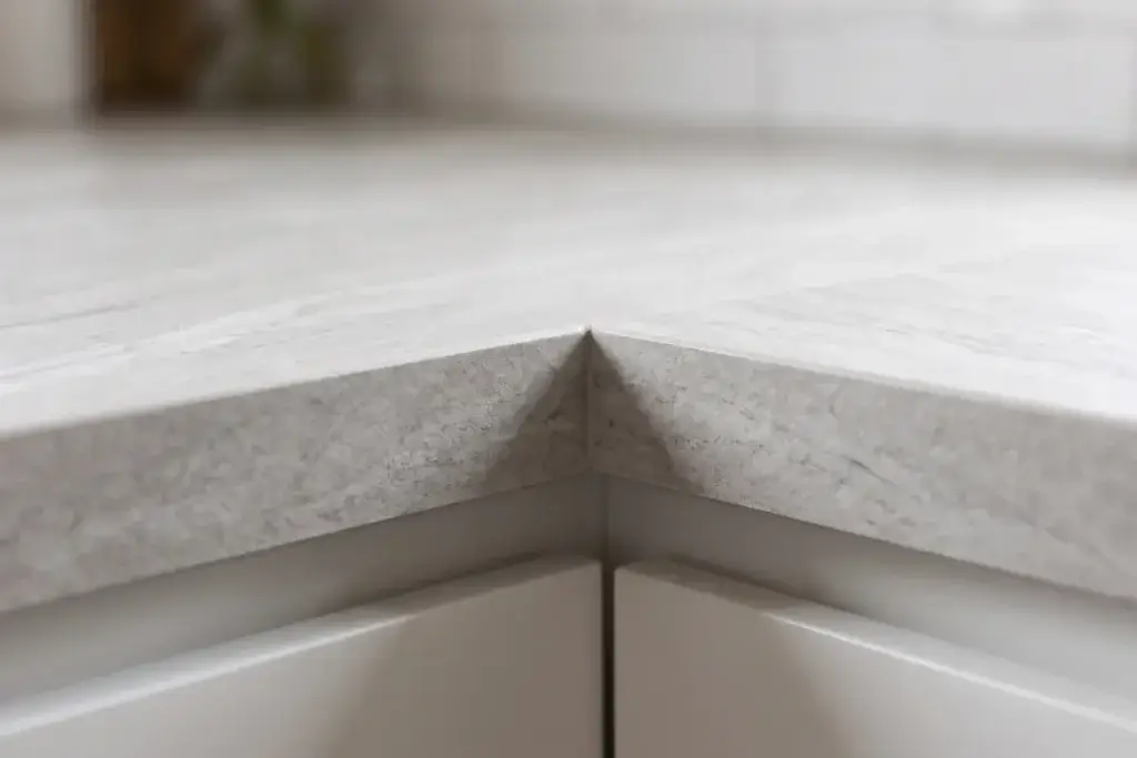 Close-up of a porcelain kitchen benchtop edge on white cabinetry